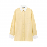 Fashion Women's Striped Long Sleeve Poplin Shirt Contrast Collar Loose Fit Button Down Blouse Casual Streetwear Office Top Yellow White