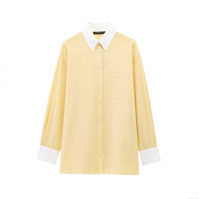 Fashion Women's Striped Long Sleeve Poplin Shirt Contrast Collar Loose Fit Button Down Blouse Casual Streetwear Office Top Yellow White
