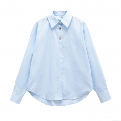 Women Spring Fashion Casual Lapel Loose Fit Cotton Poplin Long Sleeve Shirt Solid Color Metal Button Down Streetwear Blouse Top For Ladies