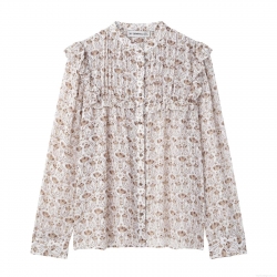 Women's Vintage V-Neck Floral Print Chiffon Blouse With Ruffles Long Sleeve Single Breasted Sheer Dobby Top For Daily Dating Vacation