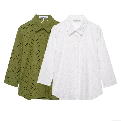 Women's Hollow Out Embroidery Shirt Turn-down Collar Loose Blouse Casual Streetwear Solid Color Eyelet Embroidered Button Down Top