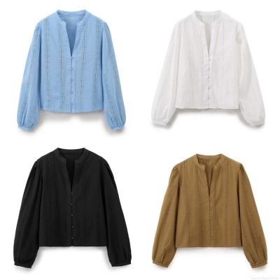 Women's Vintage Cotton Blend Embroidered Eyelet Blouse V Neck Lantern Long Sleeve Button Down Shirt Top Solid Color Casual Streetwear Top for Women