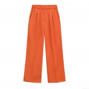 Women's High Waist Wide Leg Trousers Elegant Solid Tangerine Straight Leg Casual Pants Front Pleats Side Pockets Professional Work Wear Summer Long Pants