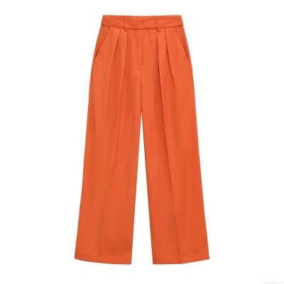 Women's High Waist Wide Leg Trousers Elegant Solid Tangerine Straight Leg Casual Pants Front Pleats Side Pockets Professional Work Wear Summer Long Pants