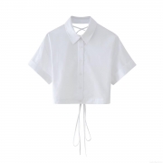 Women White Short Sleeve Shirt 100% Polyester Fabric Cropped Length Tie Back Lace-Up Detail Lapel Collar Button Up Summer Streetwear Sexy Casual Fashion Top For Lady