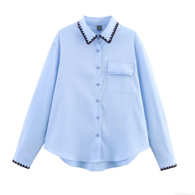 Women Scalloped Trim Long Sleeve Loose Shirt Polyester Solid Color Lapel Blouse With Single Pocket Casual Street Style Autumn Top