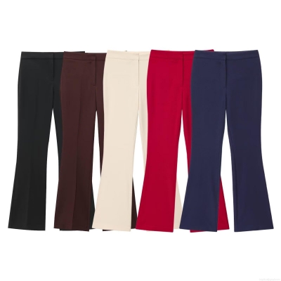 Women's High Waist Flare Pants Polyester Twill Solid Color Slim Fit Office Casual Elegant Wide Leg Long Trousers For Fall Streetwear