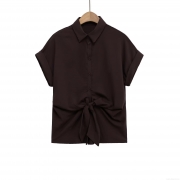 Women's European Style Lapel Long Sleeve Blouse With Knot Front Decoration Solid Color Polyester Casual Shirt Top For Daily Wear Streetwear