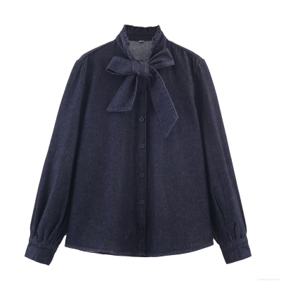Women's Long Sleeve Denim Shirt Elegant Bow Tie Neck Ruffle Trim Blouse Single Breasted Polyester Solid Dark Blue Jean Top For Casual Office Streetwear
