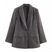 Women's Herringbone Blazer Jacket Single Button Notch Lapel Tweed Outerwear Fall Winter Office Lady Streetwear Fashion Long Sleeve Coat With Pockets