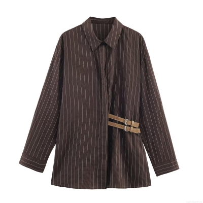 Women Western Style Lapel Long Sleeve Striped Poplin Shirt With Double Buckle Belt Detail Streetwear Loose Casual Blouse Top Deep Brown