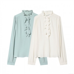 Women's Sweet Ruffle Wood Ear Collar Blouse Elegant Long Sleeve Solid Color Polyester Spandex Shirt Loose Casual Commuter Top