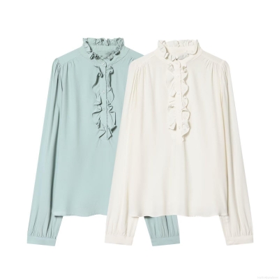 Women's Sweet Ruffle Wood Ear Collar Blouse Elegant Long Sleeve Solid Color Polyester Spandex Shirt Loose Casual Commuter Top