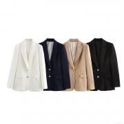 Women Slim Fit Blazer Professional Commute Suit Jacket With Gold Metal Buttons Notched Lapel Long Sleeve Polyester Spandex Office Outerwear