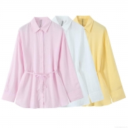 Women's Casual Linen Blend Long Sleeve Shirt Lace-up Tie Waist Loose Fit Blouse Solid Color Turn-down Collar Mid-length Top For Summer Fashion