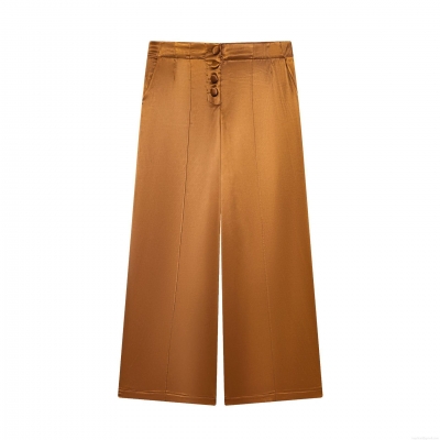 Women's High Waist Satin Wide Leg Pants Button Front Bronze Silk Palazzo Trousers Elegant High Rise Flowy Long Pants for Office Party Summer