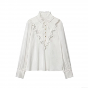 Elegant French Retro Jacquard Satin Blouse for Women Featuring Ruffle Stand Collar and Tie-Neck Vintage Long Sleeve Shirt for Office Work Party