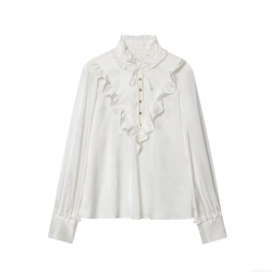 Elegant French Retro Jacquard Satin Blouse for Women Featuring Ruffle Stand Collar and Tie-Neck Vintage Long Sleeve Shirt for Office Work Party