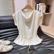 Elegant Women's Viscose Blouse Cowl Neck Cap Sleeve Top With Tie Waist Belt Solid Color Off-White Commute Shirt For Office Daily Wear