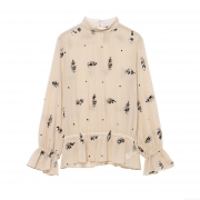 Elegant Women Beige Mesh Tulle Blouse Stand Collar Ruffle Cuffs Black Floral Sequins Embroidery Semi Transparent Long Sleeve Shirt For Party Commuting