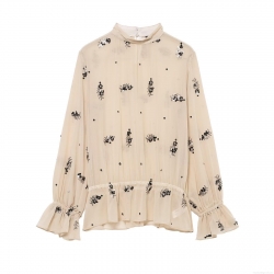 Elegant Women Beige Mesh Tulle Blouse Stand Collar Ruffle Cuffs Black Floral Sequins Embroidery Semi Transparent Long Sleeve Shirt For Party Commuting
