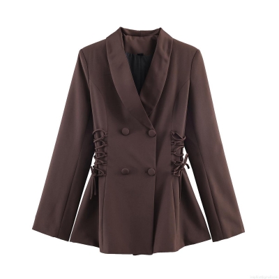 Women's Fashion Blazer Double Breasted Satin Splicing Side Lace-up Tie Waist Jacket Solid Color Long Sleeve Elegant Suit Collar Outerwear for Daily Party Commute Coffee Brown