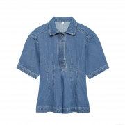Women's Fashion Blue Denim Shirt Short Sleeve Waist-Cinching Pleated Button Down Polo Collar Casual Blouse Summer Streetwear Slim Fit Top