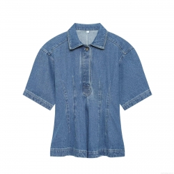 Women's Fashion Blue Denim Shirt Short Sleeve Waist-Cinching Pleated Button Down Polo Collar Casual Blouse Summer Streetwear Slim Fit Top