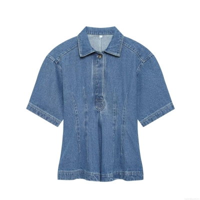 Women's Fashion Blue Denim Shirt Short Sleeve Waist-Cinching Pleated Button Down Polo Collar Casual Blouse Summer Streetwear Slim Fit Top