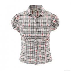 Women's Plaid Puff Sleeve Blouse Retro Short Sleeve Button Down Shirt Polyester Cotton Blend Sweet Bear Heart Print Top For Daily Casual Wear