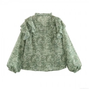 Women's Long Sleeve Floral Print Blouse Lightweight Polyester Chiffon Ruffle Stand Collar Tie Front Fashion Casual Tops For Daily Date