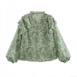 Women's Long Sleeve Floral Print Blouse Lightweight Polyester Chiffon Ruffle Stand Collar Tie Front Fashion Casual Tops For Daily Date