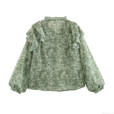 Women's Long Sleeve Floral Print Blouse Lightweight Polyester Chiffon Ruffle Stand Collar Tie Front Fashion Casual Tops For Daily Date