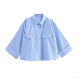 Women's Cropped Oxford Shirt Lapel Long Sleeve Single Breasted Blouse With Chest Pockets Solid Color Casual Fashion Top For Women