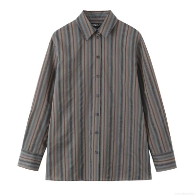 Women's Casual Polyester Striped Long Sleeve Button Down Shirt Blouse Office Daily Workwear Sophisticated Style Tops