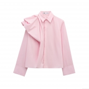 Women's Elegant Puff Long Sleeve Poplin Shirt Solid Color Ruffle Shoulder Button Down Blouse Polyester Cotton Blend Casual Fashion Tops