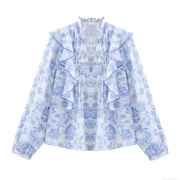 Elegant Women's V-Neck Floral Print Ruffle Blouse Long Sleeve Polyester Tops Casual Office Sweet Shirt For Women