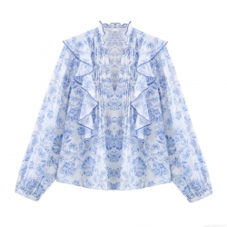 Elegant Women's V-Neck Floral Print Ruffle Blouse Long Sleeve Polyester Tops Casual Office Sweet Shirt For Women
