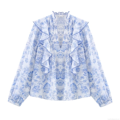 Elegant Women's V-Neck Floral Print Ruffle Blouse Long Sleeve Polyester Tops Casual Office Sweet Shirt For Women