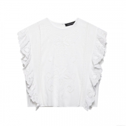 Women's White Embroidery Hollow Out Sleeveless Blouse Ruffle Flying Sleeve Slim Fit Casual Summer Top Floral Lace Elegant Pullover Shirt