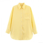 Women Casual Yellow White Vertical Striped Shirt Long Sleeve Button Down Blouse With Chest Pocket Loose Fit Soft Polyester Tops For Daily Vacation Spring Autumn Lady