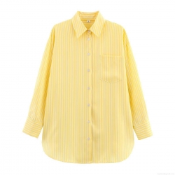 Women Casual Yellow White Vertical Striped Shirt Long Sleeve Button Down Blouse With Chest Pocket Loose Fit Soft Polyester Tops For Daily Vacation Spring Autumn Lady