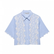 Women's Light Blue Short Sleeve Blouse With White Floral Embroidery Scalloped Edge Seersucker Textured Button Down Shirt Elegant Sweet Cropped Top For Summer Women