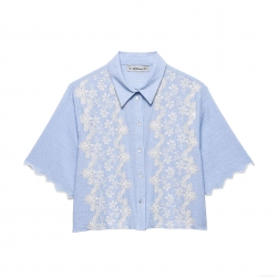 Women's Light Blue Short Sleeve Blouse With White Floral Embroidery Scalloped Edge Seersucker Textured Button Down Shirt Elegant Sweet Cropped Top For Summer Women