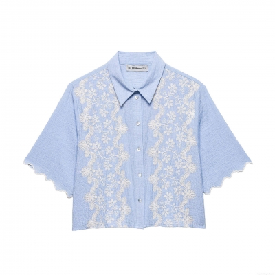 Women's Light Blue Short Sleeve Blouse With White Floral Embroidery Scalloped Edge Seersucker Textured Button Down Shirt Elegant Sweet Cropped Top For Summer Women