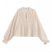 Women's Vintage Bohemian Cotton Polyester Blouse Elegant V-Neck Embroidery Flower Button Down Long Sleeve Shirt With Ruffle Cuffs Casual Chic Tops