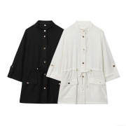Women's Casual Linen Blend Safari Style Shirt Jacket Drawstring Waist Fashion Solid Color Long Sleeve Blouse With Metal Buttons And Pockets For Vacation
