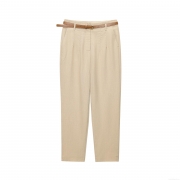 Women's High Waist Straight Leg Casual Pants With Brown Belt Khaki Summer Vacation Cotton Linen Blend Trousers For Women Elegant Office Trousers