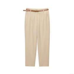 Women's High Waist Straight Leg Casual Pants With Brown Belt Khaki Summer Vacation Cotton Linen Blend Trousers For Women Elegant Office Trousers