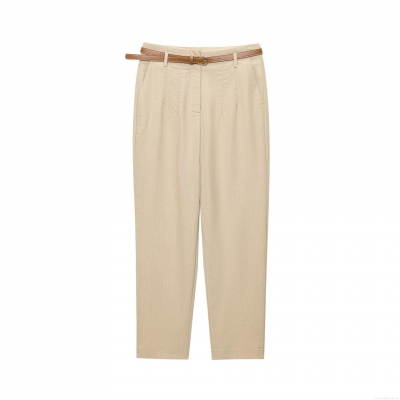 Women's High Waist Straight Leg Casual Pants With Brown Belt Khaki Summer Vacation Cotton Linen Blend Trousers For Women Elegant Office Trousers